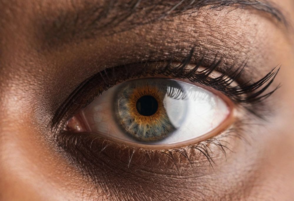 A closeup of a young woman's eye. She's experiencing starbursts in her vision.