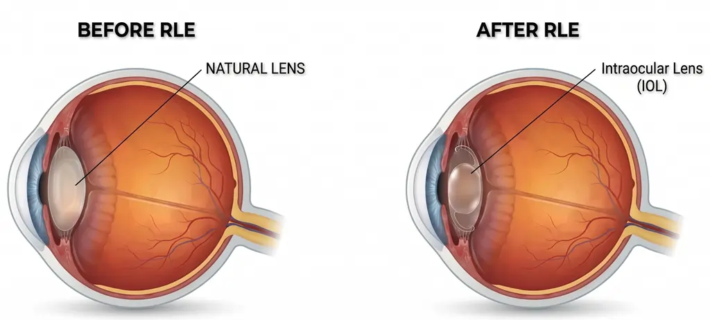 Before and after RLE surgery showing natural lens replaced with IOL