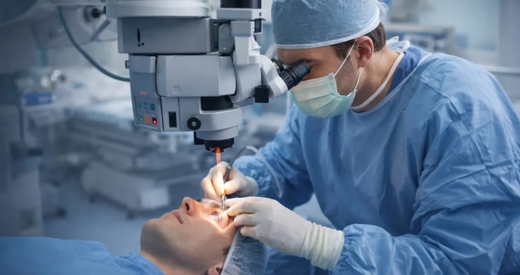 Surgeon performing LASIK laser eye surgery procedure
