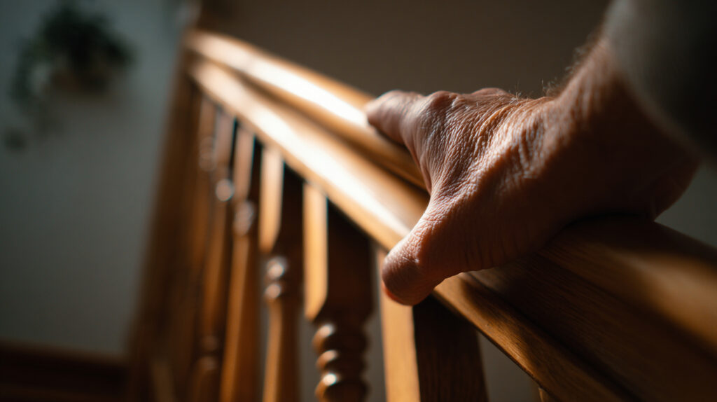 Senior gripping a stair banister for support, illustrating fall risk from impaired vision.